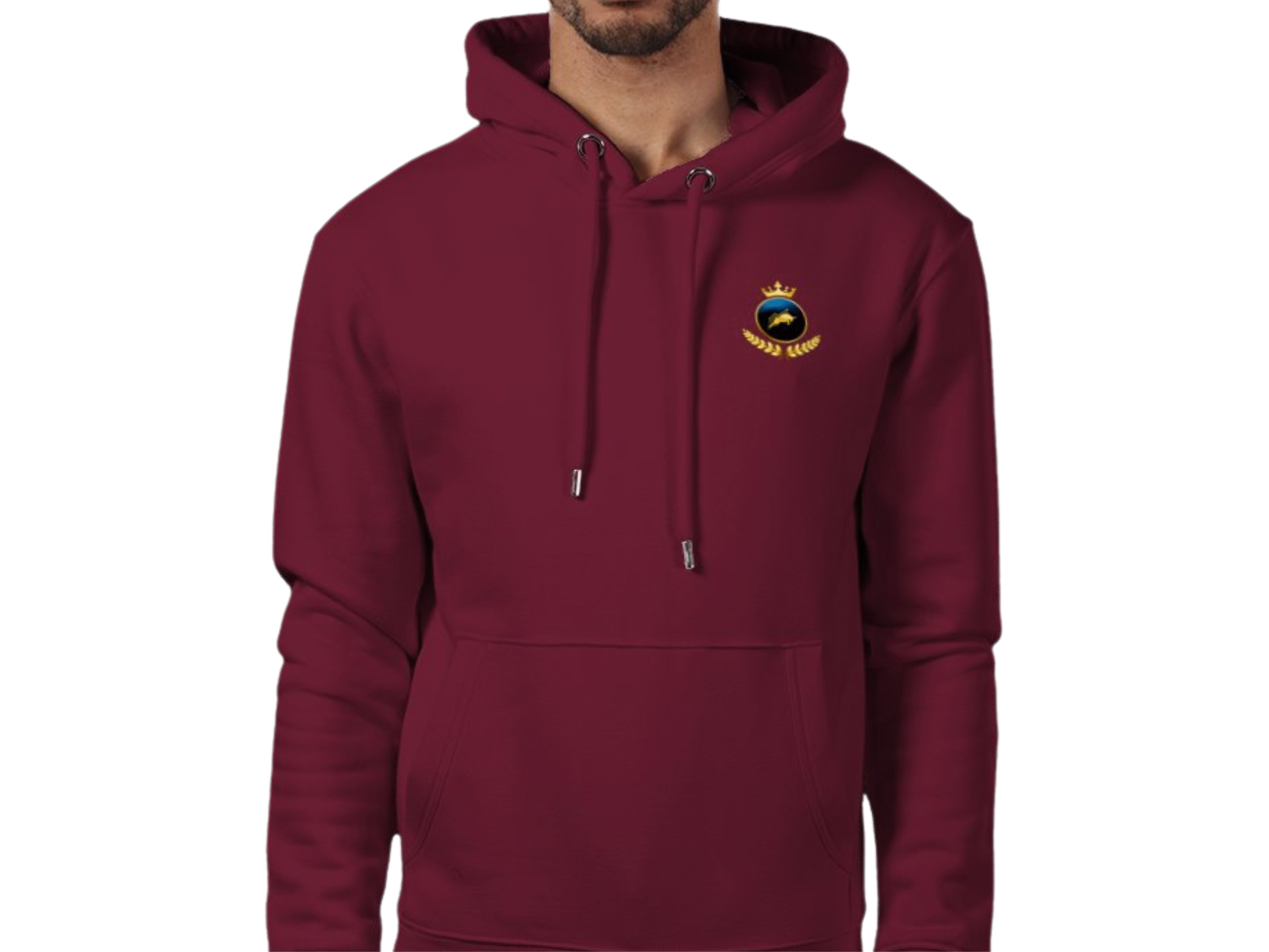Front view of Burgundy Crown Premium Hoodie, mens luxury activewear from ElitePulse at Investor GCC